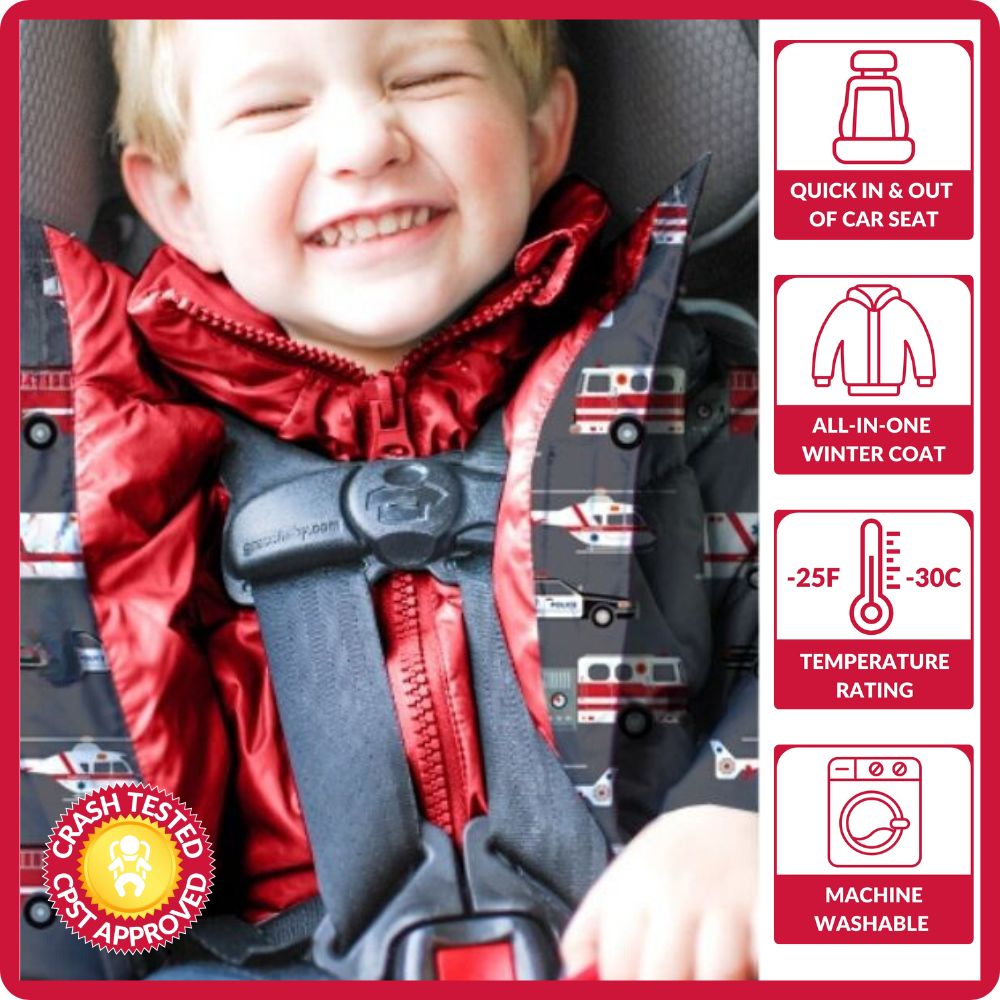 Child wearing Road Coat Down in car seat