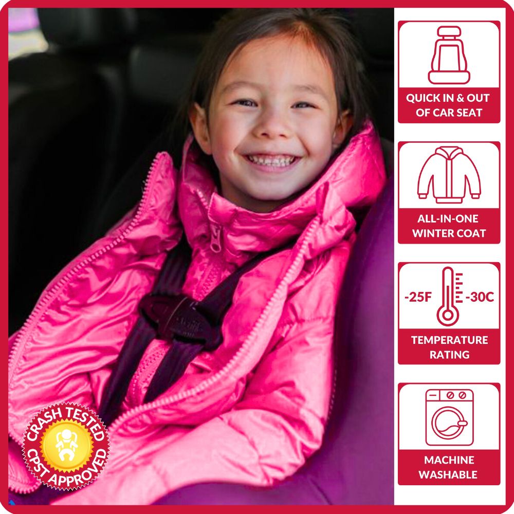 Child wearing The Road Coat Down in car seat