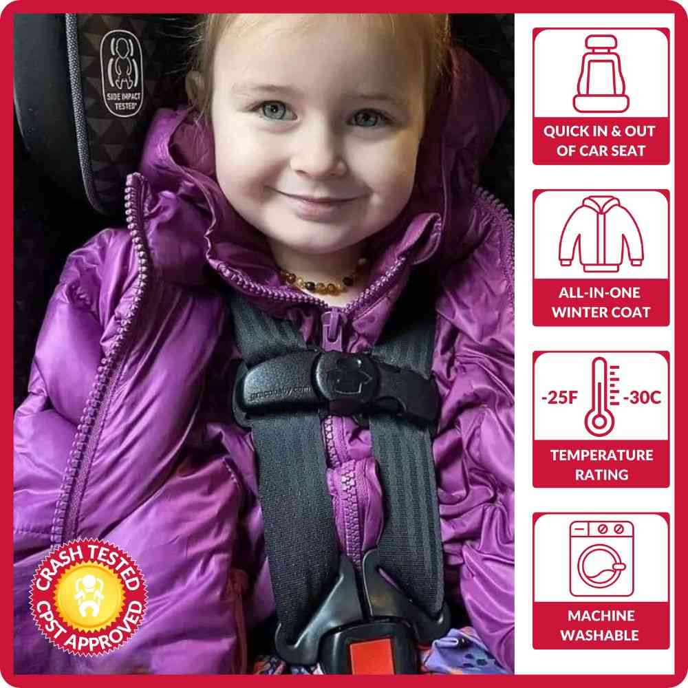 Child wearing The Road Coat Down in car seat