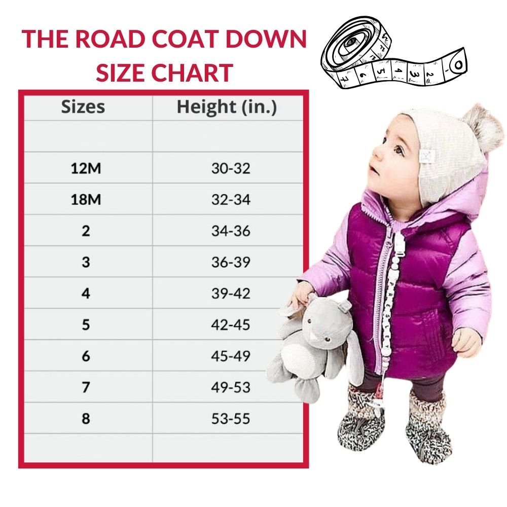 Size chart for the road coat down with toddler image