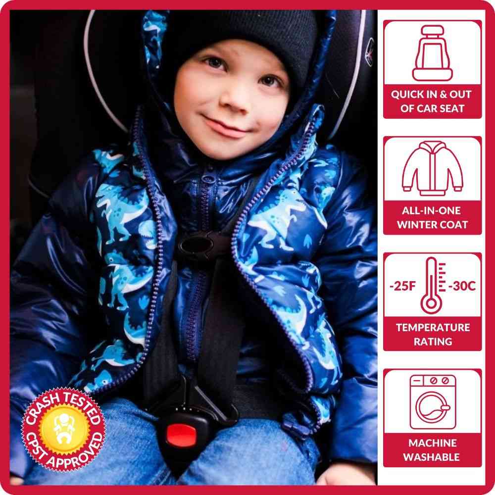Child wearing Navy Raptor Road Coat in car seat