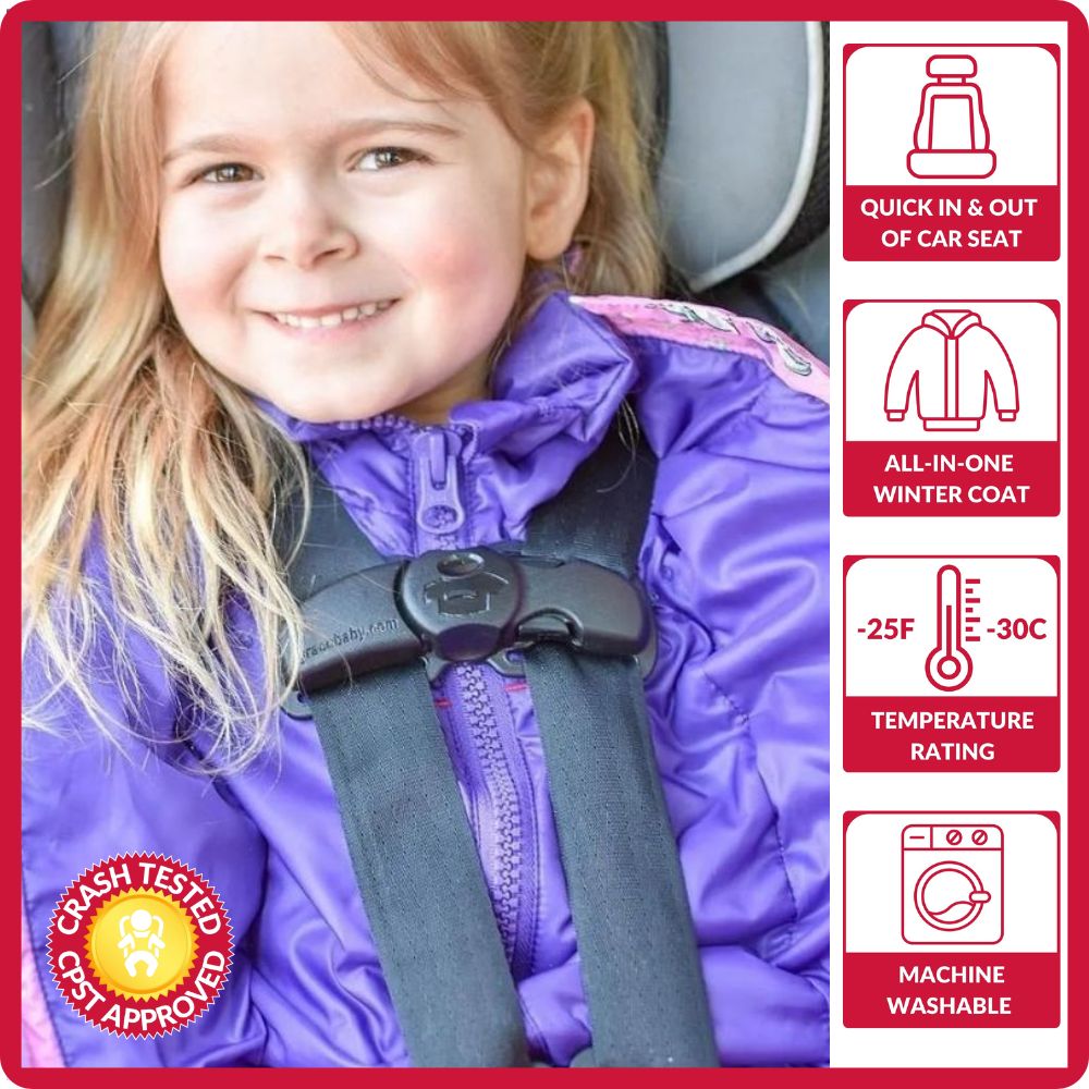 Child wearing purple coat in car seat, safety features highlighted.