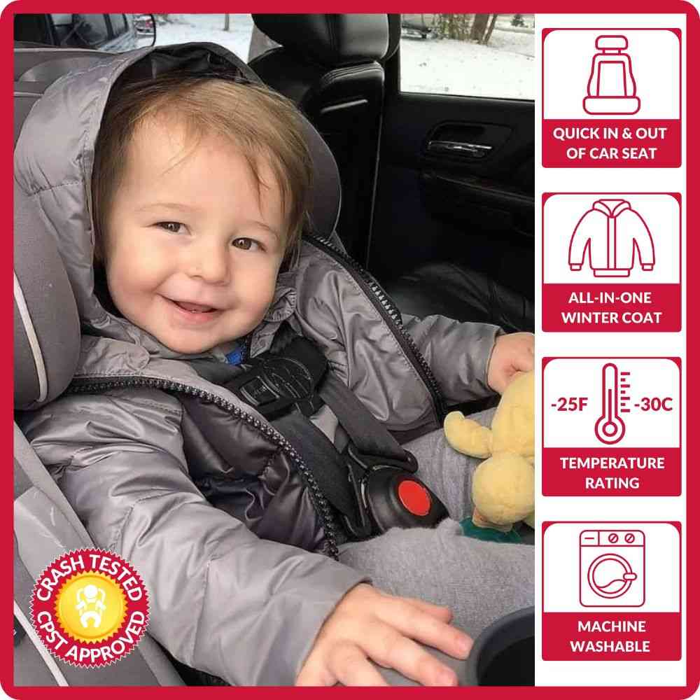 Child wearing The Road Coat Down in car seat