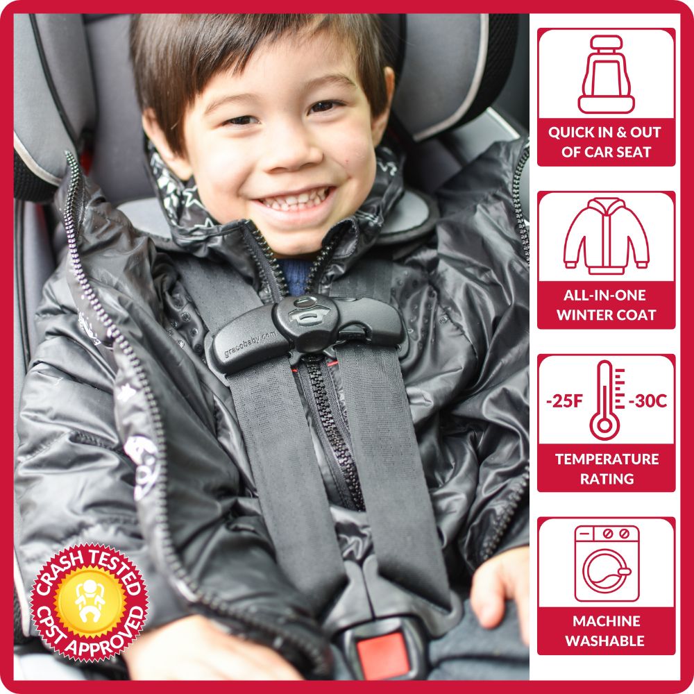 Child wearing The Road Coat Down in car seat