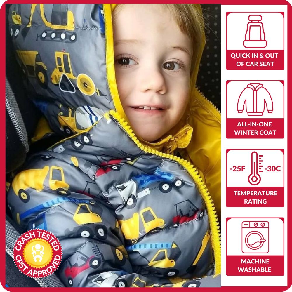 Child wearing The Road Coat Down in car seat