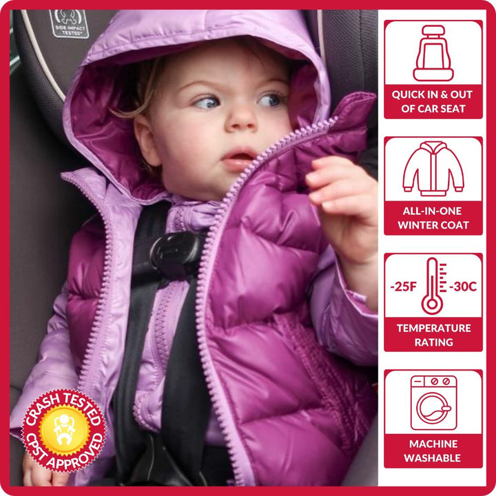 Child in car seat wearing plum road coat