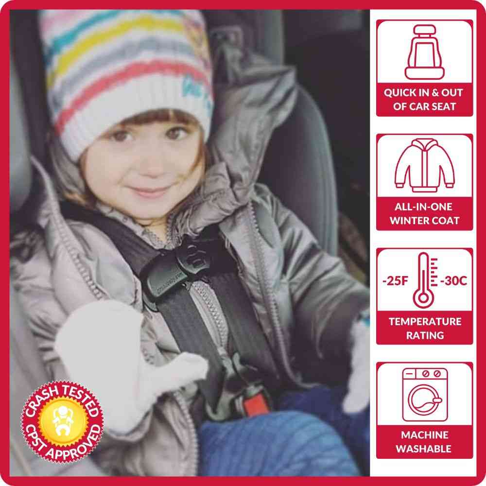 Child in car seat wearing Platinum Road Coat Down