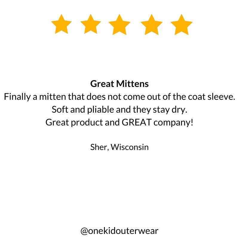 5-star review for One Kid Navy Mittens, praising warmth and comfort