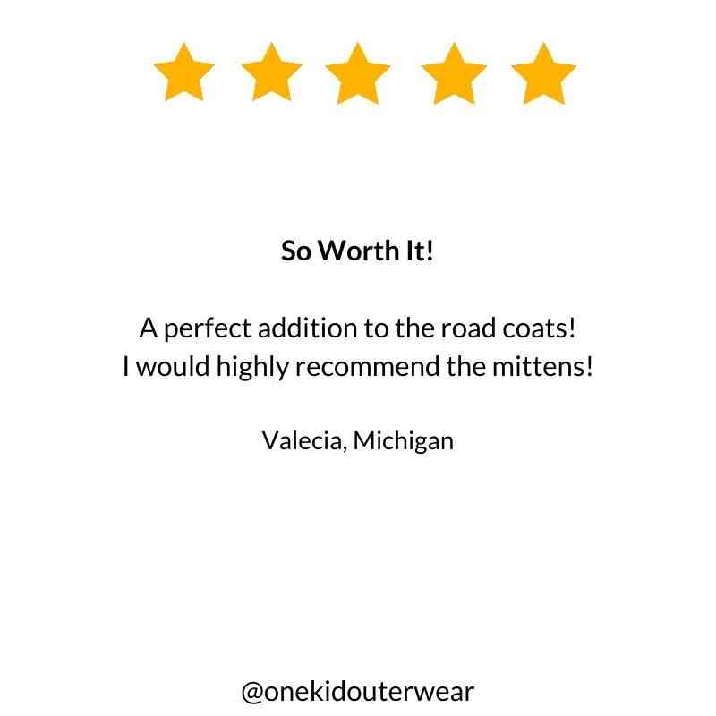5-star review for One Kid Navy Mittens, praising warmth and comfort.