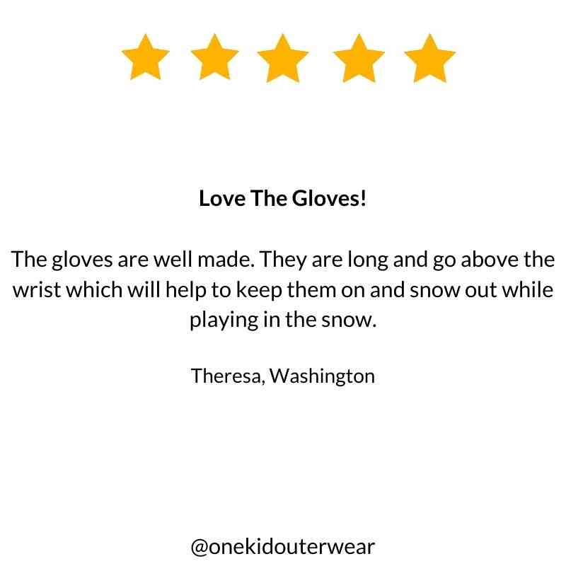 5-star review for One Kid Navy Mittens, praising warmth and comfort.