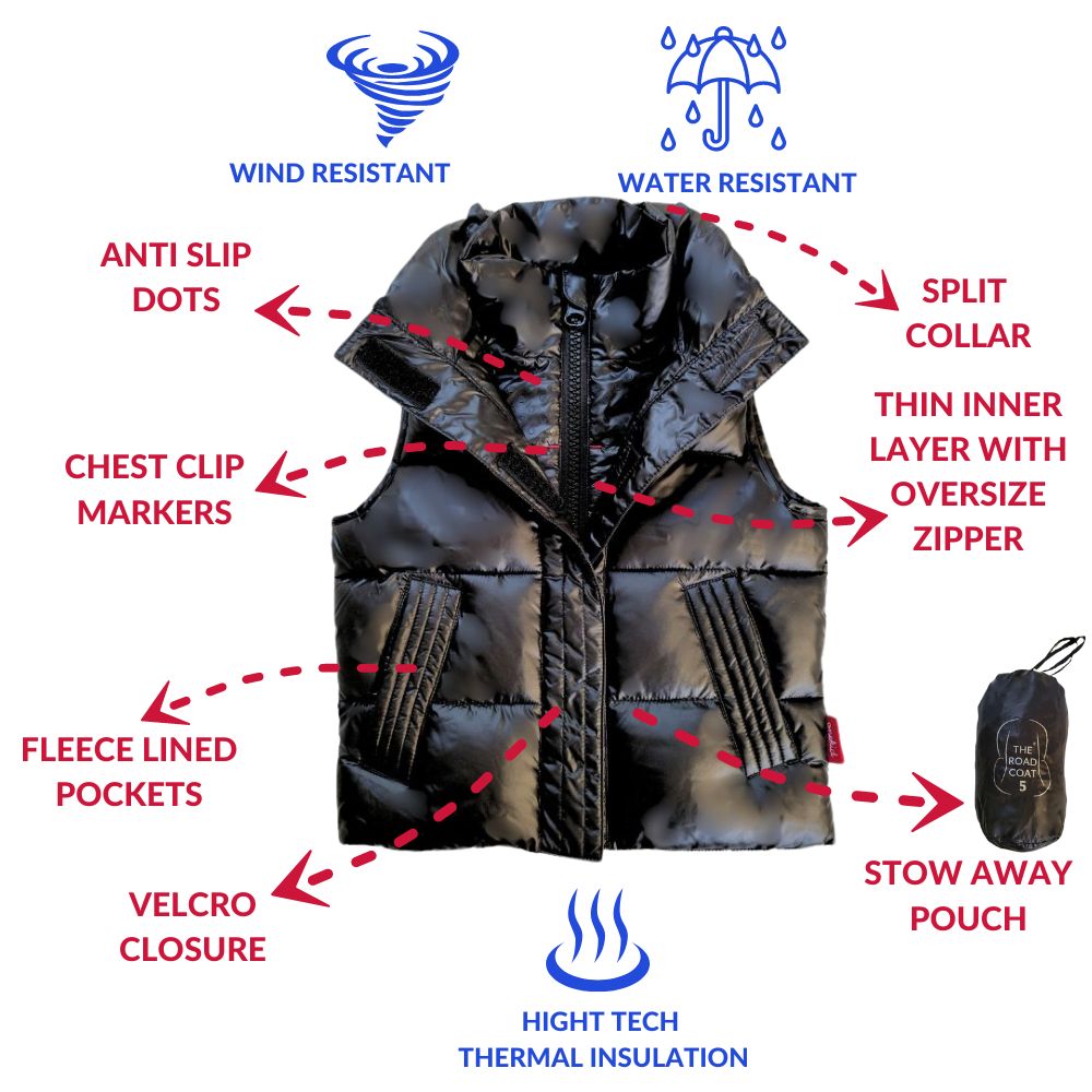 Features of Road Coat Vest with annotations