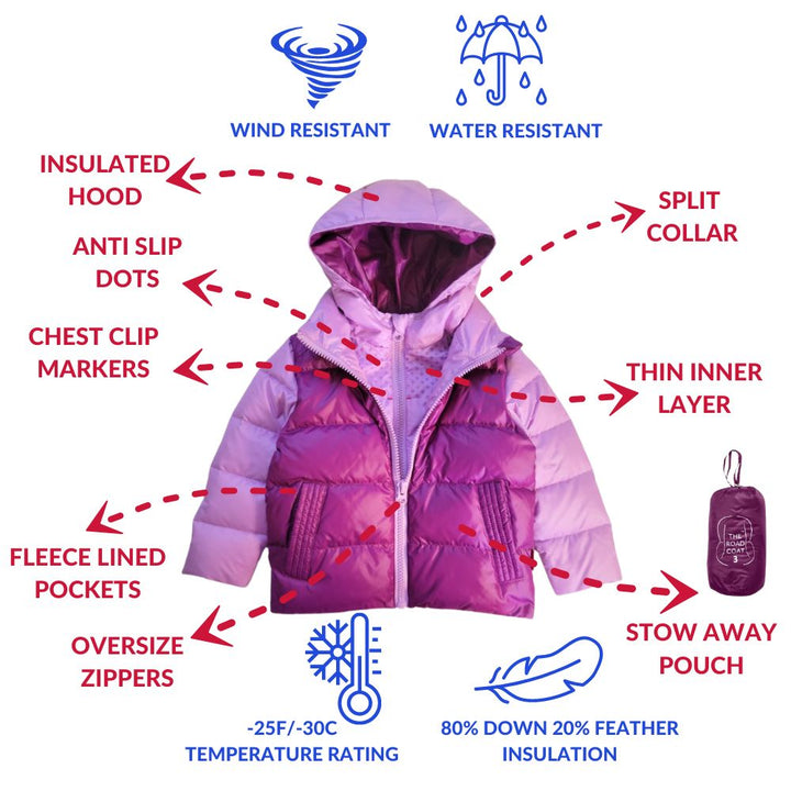 Features of lilac plum road coat with icons