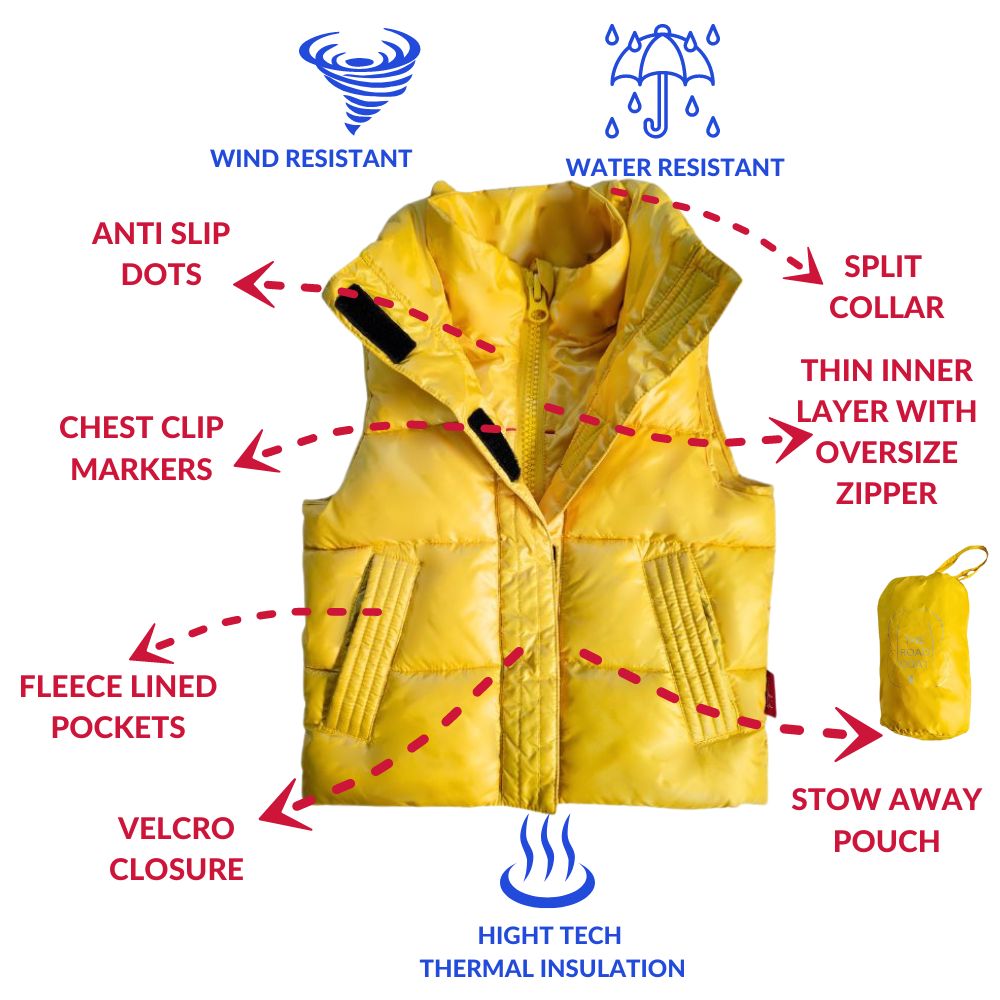 Yellow Road Coat Vest features, wind and water resistant