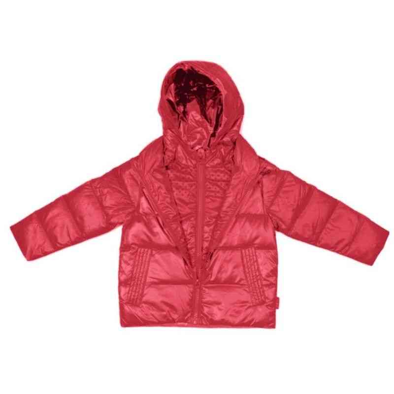 Red Road Coat displayed flat on a white background, with a hood and full-body design, showcasing its warmth and protection.