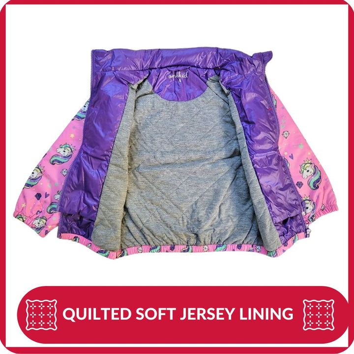 Quilted soft jersey lining inside pink unicorn coat