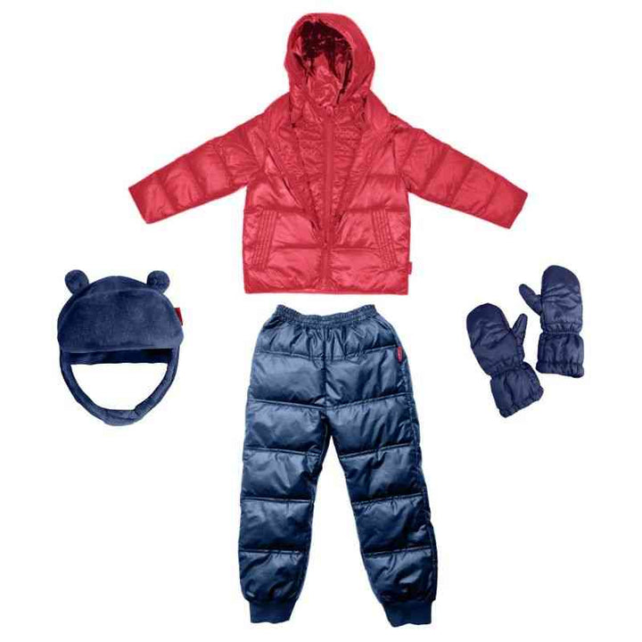 Red Road Coat paired with Navy snow pants and mittens, showcasing a complete winter outfit for outdoor play.