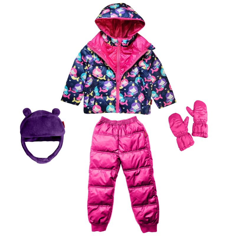 Fuchsia Packable Snow Pants paired with a matching Road Coat, hat and mittens, creating a colorful and cozy winter outfit.