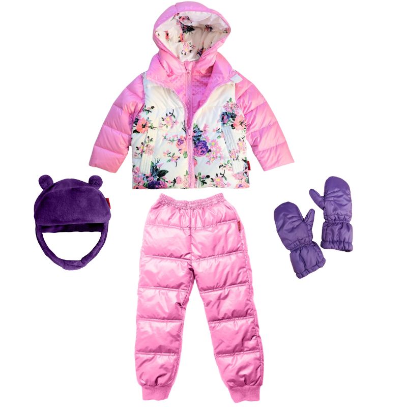 Pink Packable Snow Pants paired with a matching Road Coat, hat and mittens, creating a complete winter outfit for outdoor play.