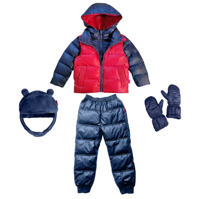 Navy Packable Snow Pants paired with a matching Road Coat, hat and mittens, creating a complete winter outfit for outdoor play.
