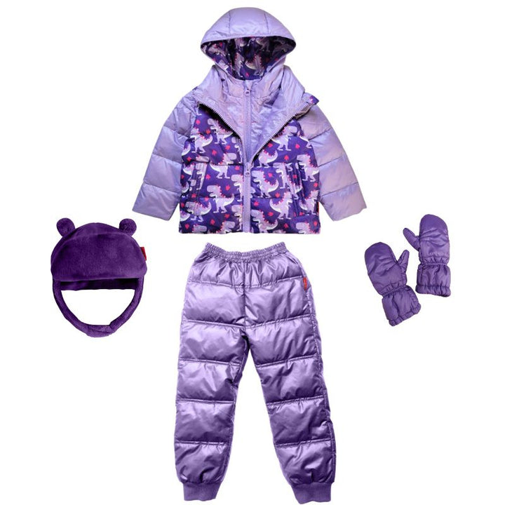 Complete outfit layout with One Kid Packable Snow Pant in Violet, matching Road Coat, hats and mittens.