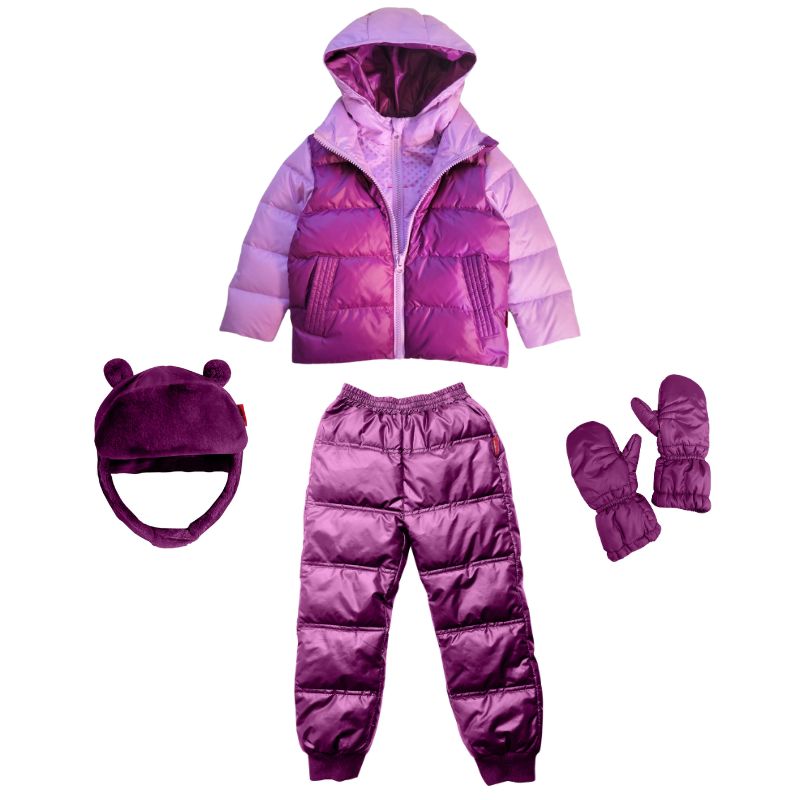 Lilac Packable Snow Pants paired with a matching Road Coat, hat and mittens, creating a coordinated and cozy winter outfit for outdoor play.