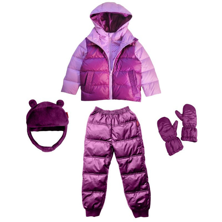 Lilac Packable Snow Pants paired with a matching Road Coat, hat and mittens, creating a coordinated and cozy winter outfit for outdoor play.