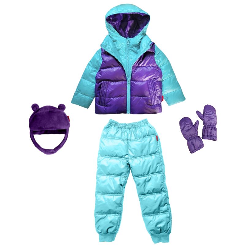 Aqua Packable Snow Pants paired with a matching Road Coat, hat and mittens, creating a complete winter outfit for outdoor play.