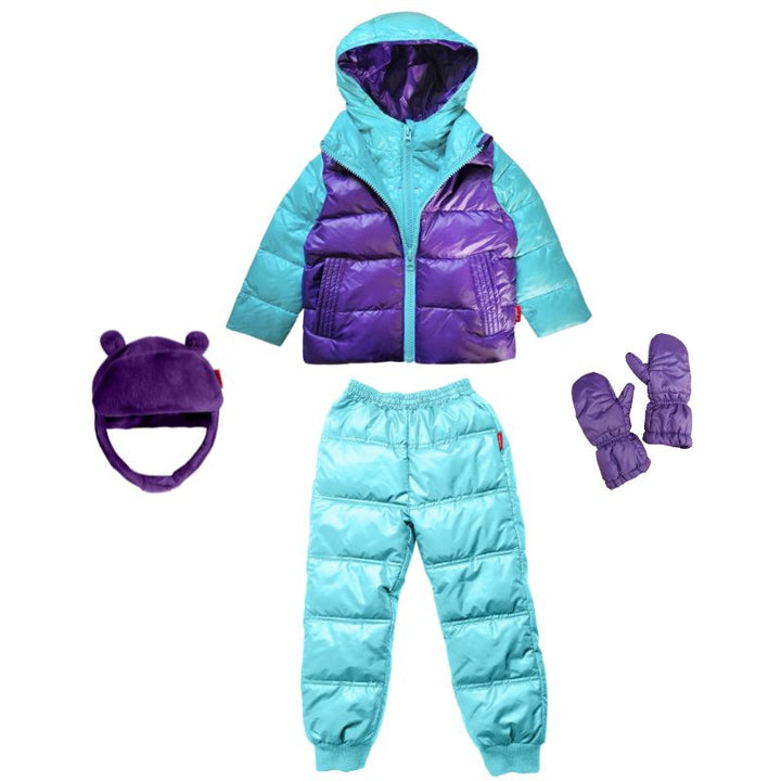 Aqua Packable Snow Pants paired with a matching Road Coat, hat and mittens, creating a complete winter outfit for outdoor play.