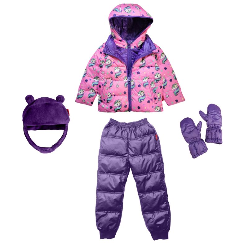 Purple Packable Snow Pants paired with a matching Road Coat, hat and mittens, creating a complete winter outfit for outdoor play.