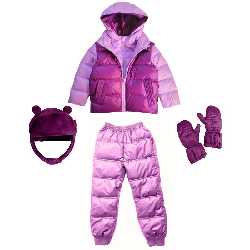 Lilac Packable Snow Pants paired with a matching Road Coat, hat and mittens, creating a coordinated and cozy winter outfit for outdoor play.