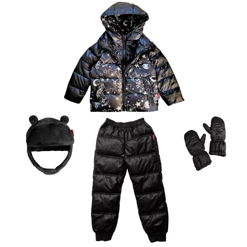Black Packable Snow Pants paired with a matching Road Coat, hat and mittens, creating a complete winter outfit for outdoor play.