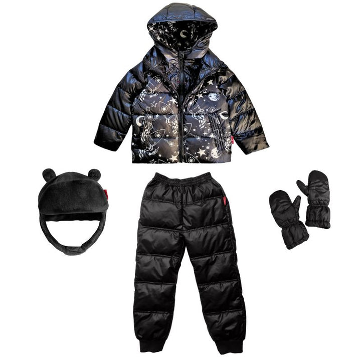 Black Packable Snow Pants paired with a matching Road Coat, hat and mittens, creating a complete winter outfit for outdoor play.