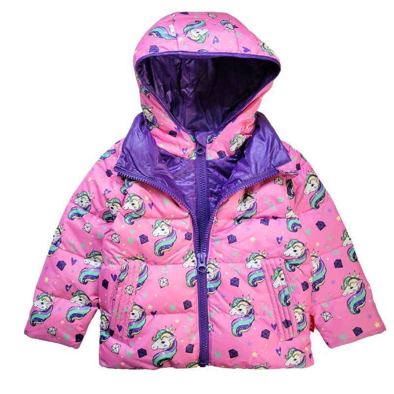 Pink unicorn winter coat with hood for toddlers.