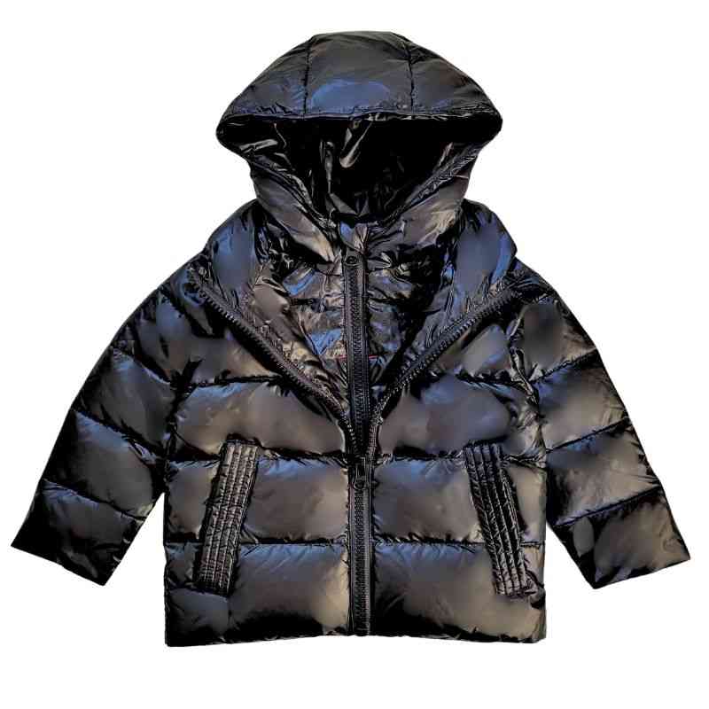 The Road Coat Down in Black with hood and zipper