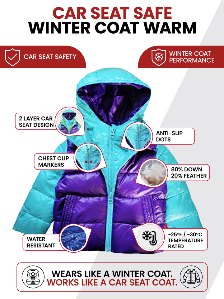 The Road Coat Down - Aqua Purple - Car Seat Safe Winter Coat Features
