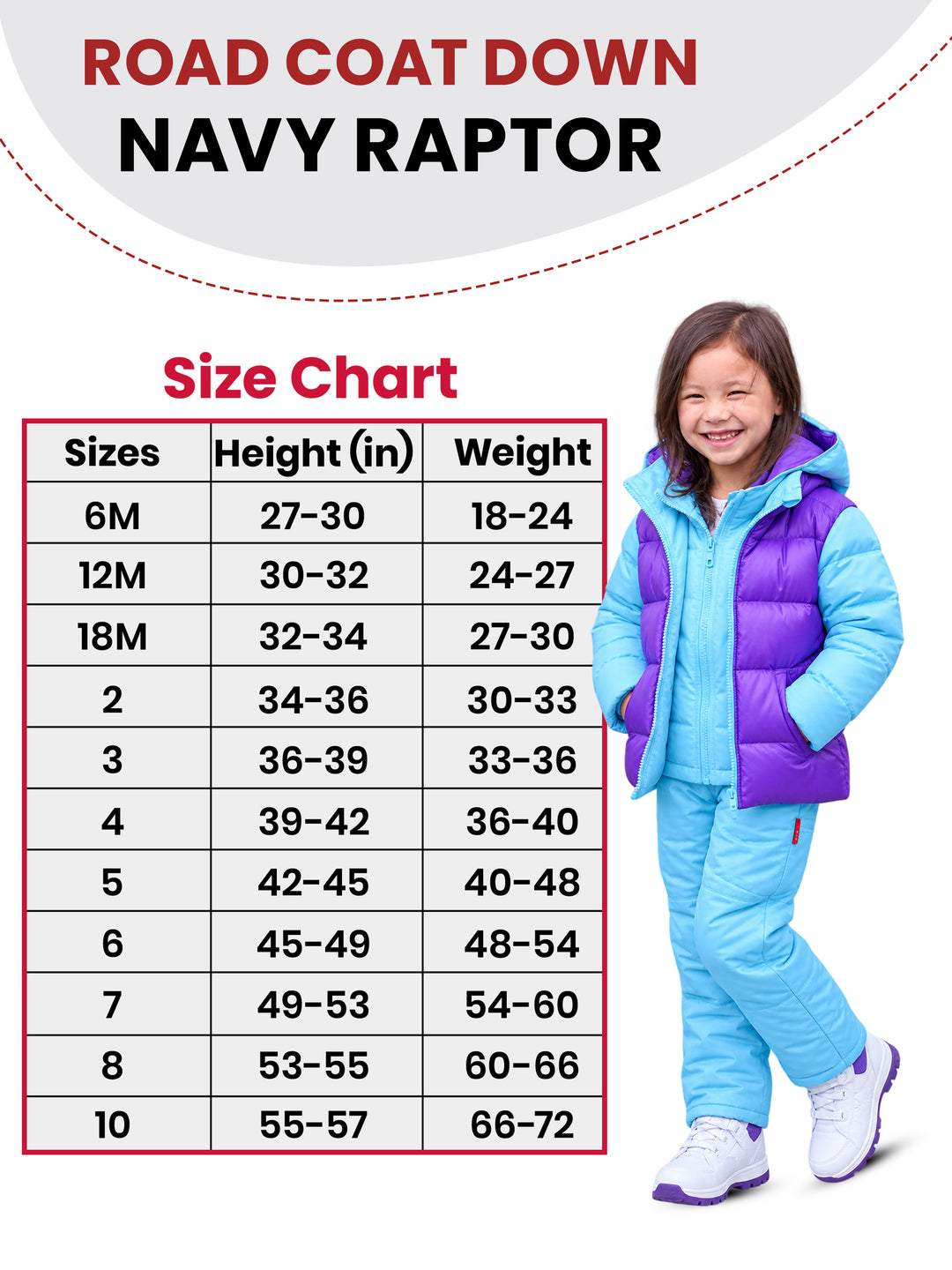 The Road Coat Down - Aqua Purple - Kids Winter Coat Size Chart
