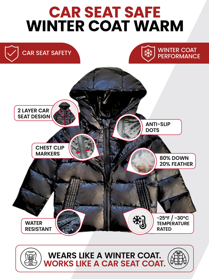 The Road Coat Down - Black - Car Seat Safe Winter Coat Features