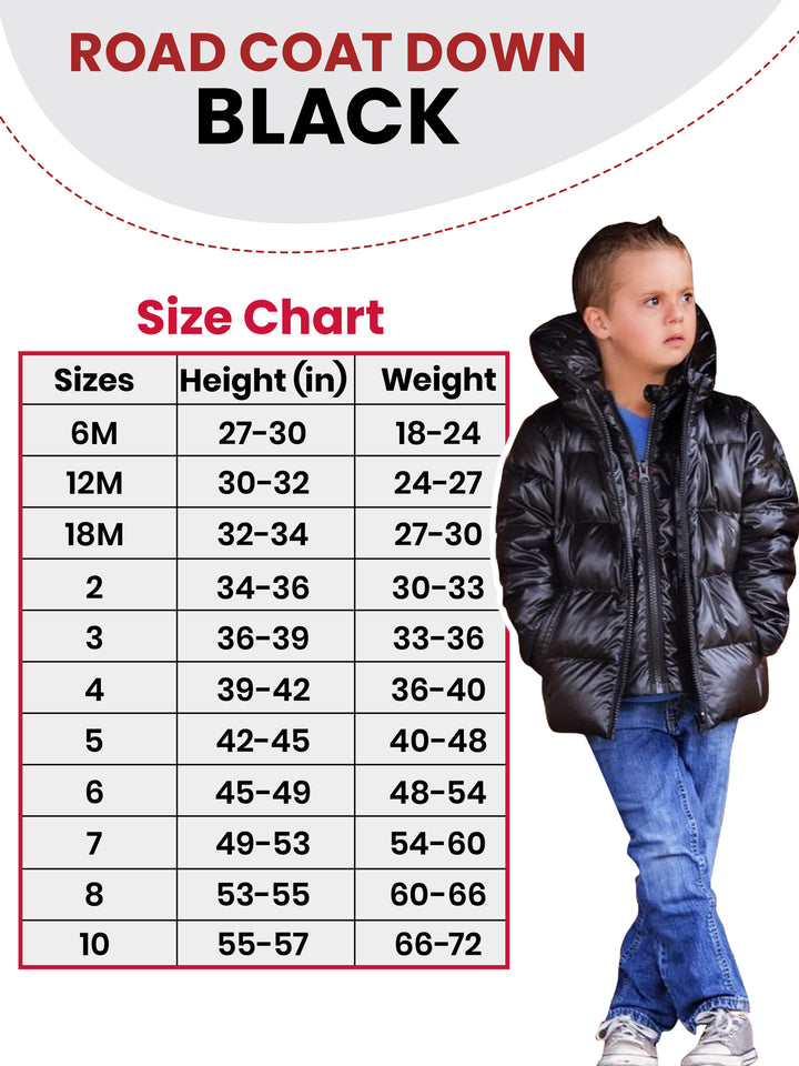 The Road Coat Down - Black - Kids Winter Coat Size Chart