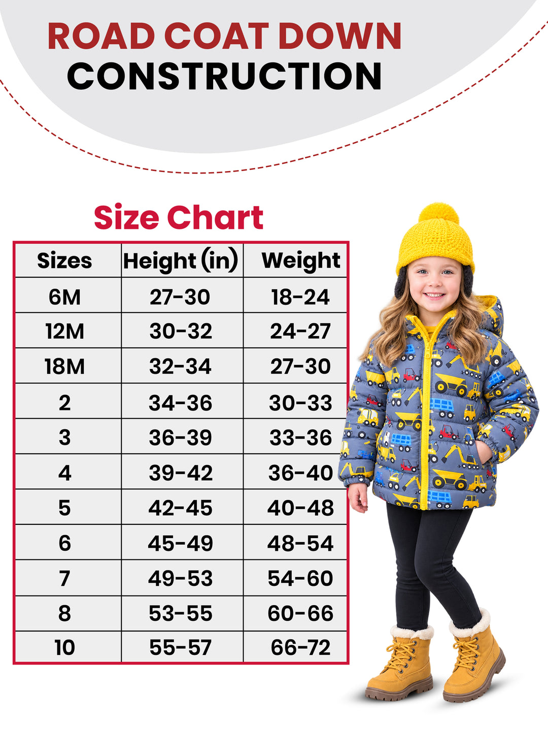 The Road Coat Down - Construction - Kids Winter Coat Size Chart