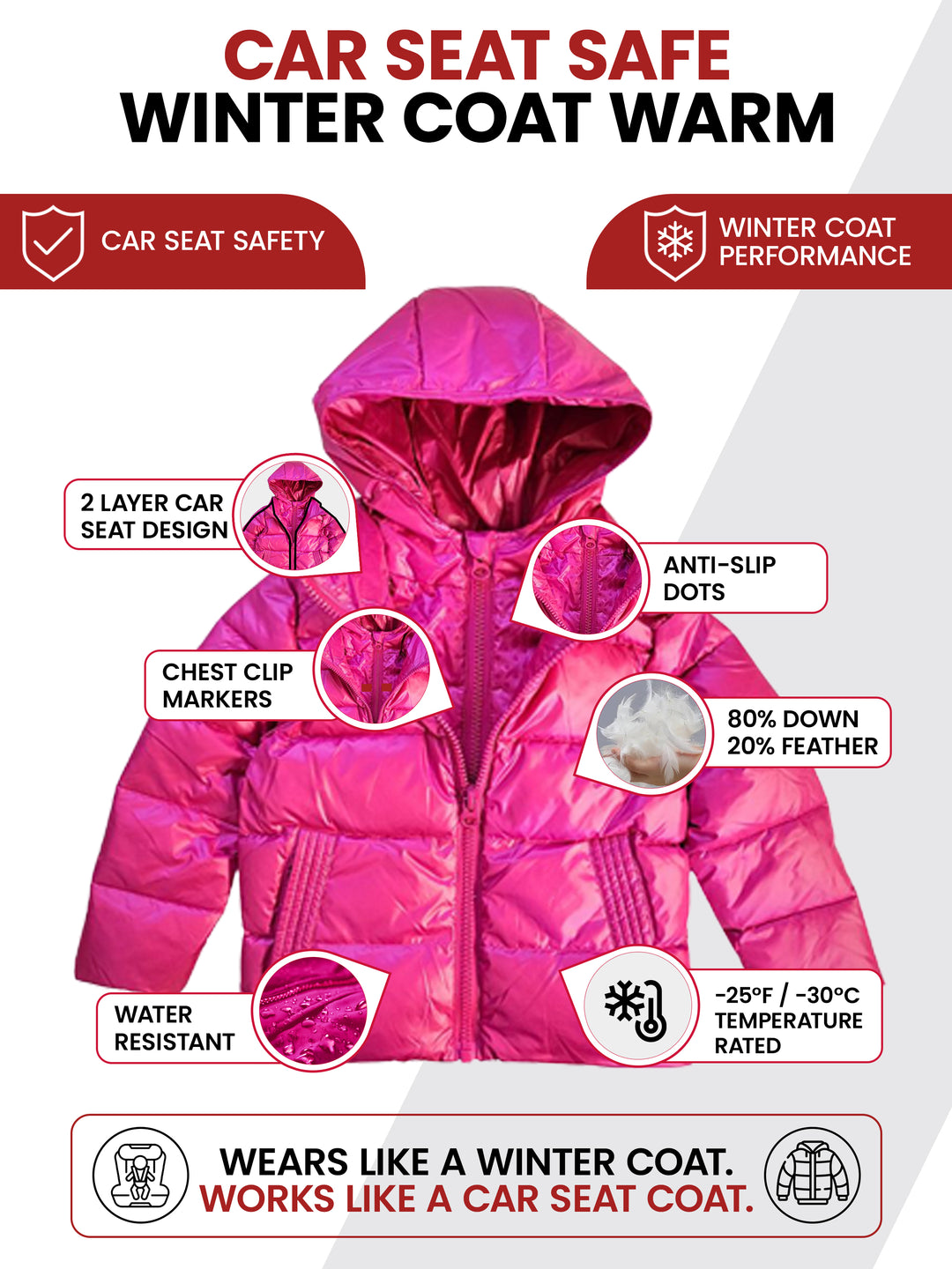 The Road Coat Down - Fuchsia - Car Seat Safe Winter Coat Features