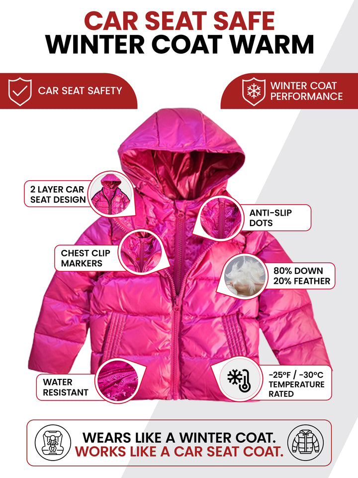 The Road Coat Down - Fuchsia - Car Seat Safe Winter Coat Features
