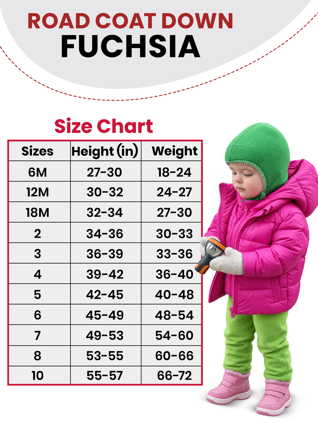 The Road Coat Down - Fuchsia - Kids Winter Coat Size Chart