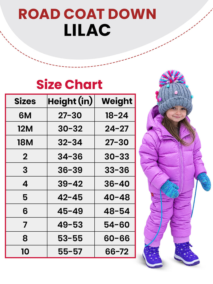 The Road Coat Down - Lilac - Kids Winter Coat Size Chart