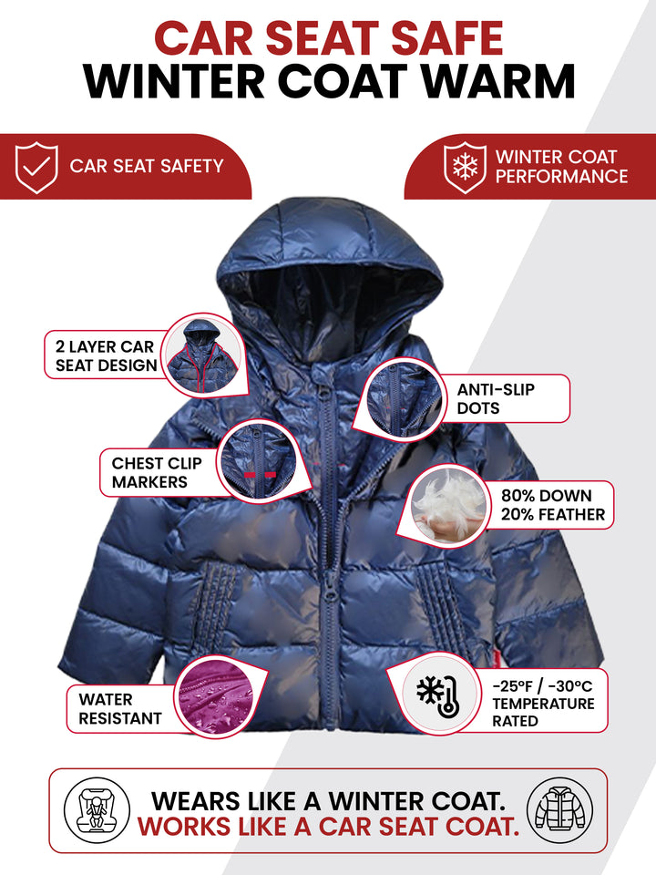 The Road Coat Down - Navy - Car Seat Safe Winter Coat Features
