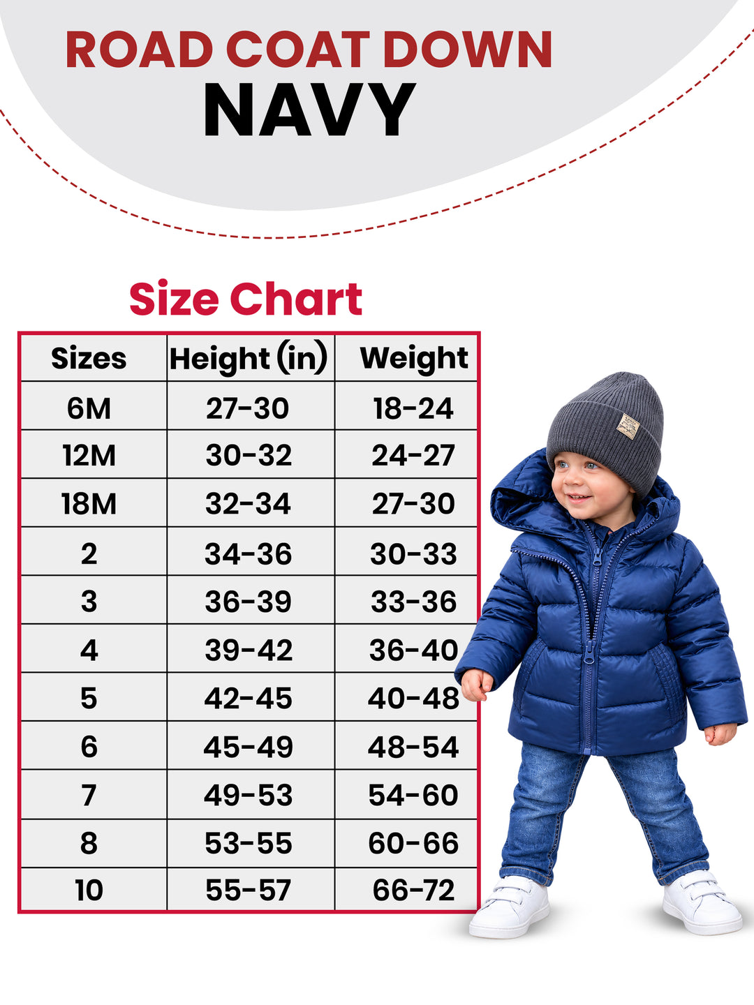 The Road Coat Down - Navy - Kids Winter Coat Size Chart