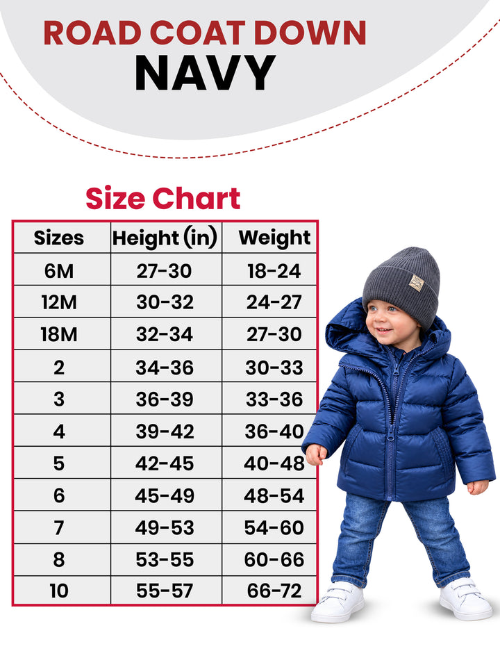 The Road Coat Down - Navy - Kids Winter Coat Size Chart