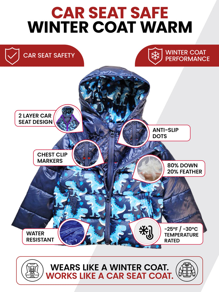 The Road Coat Down - Navy Raptor - Car Seat Safe Winter Coat Features