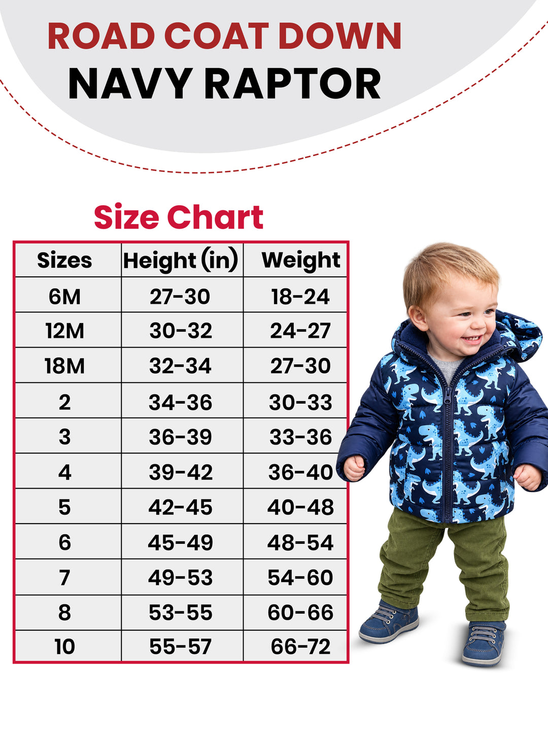 The Road Coat Down - Navy Raptor - Kids Winter Coat Size Chart