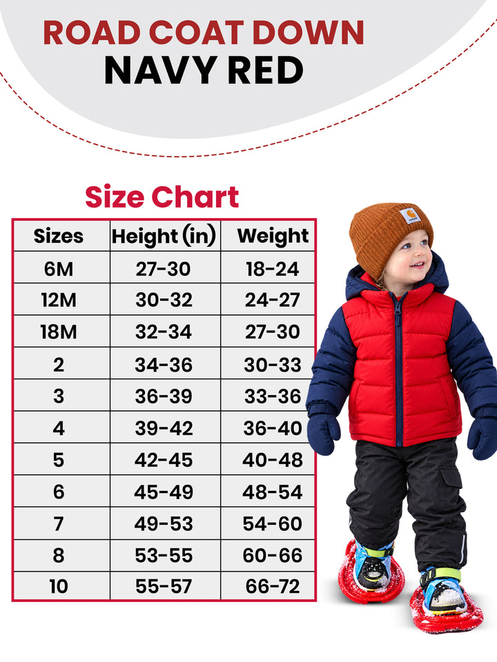 The Road Coat Down - Navy Red - Kids Winter Coat Size Chart