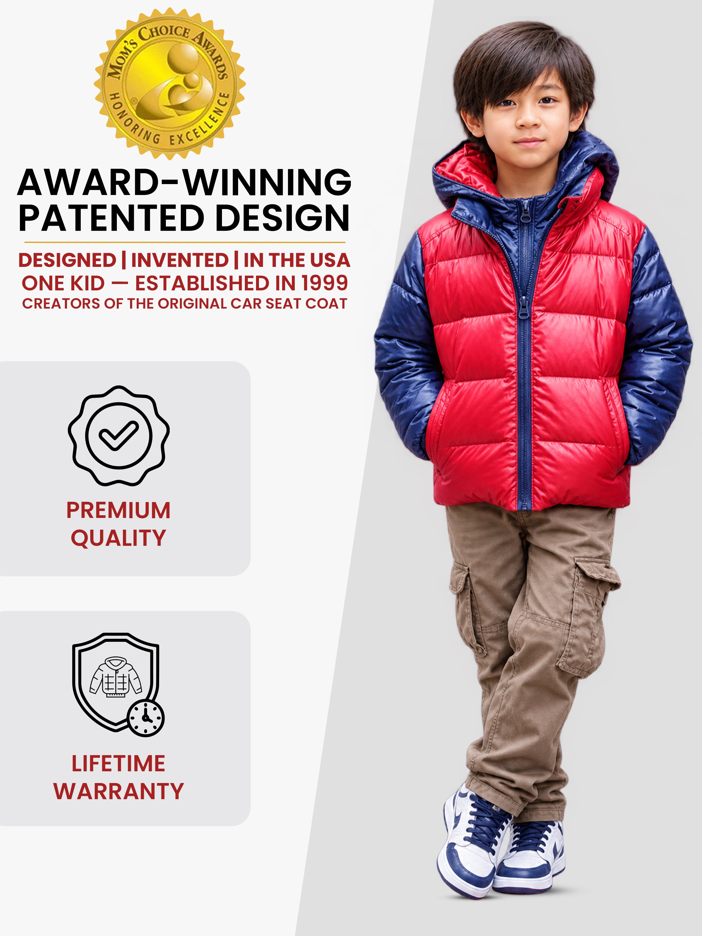 Car Seat Coat | One Kid Road Coat Down – Navy/Red – Onekid